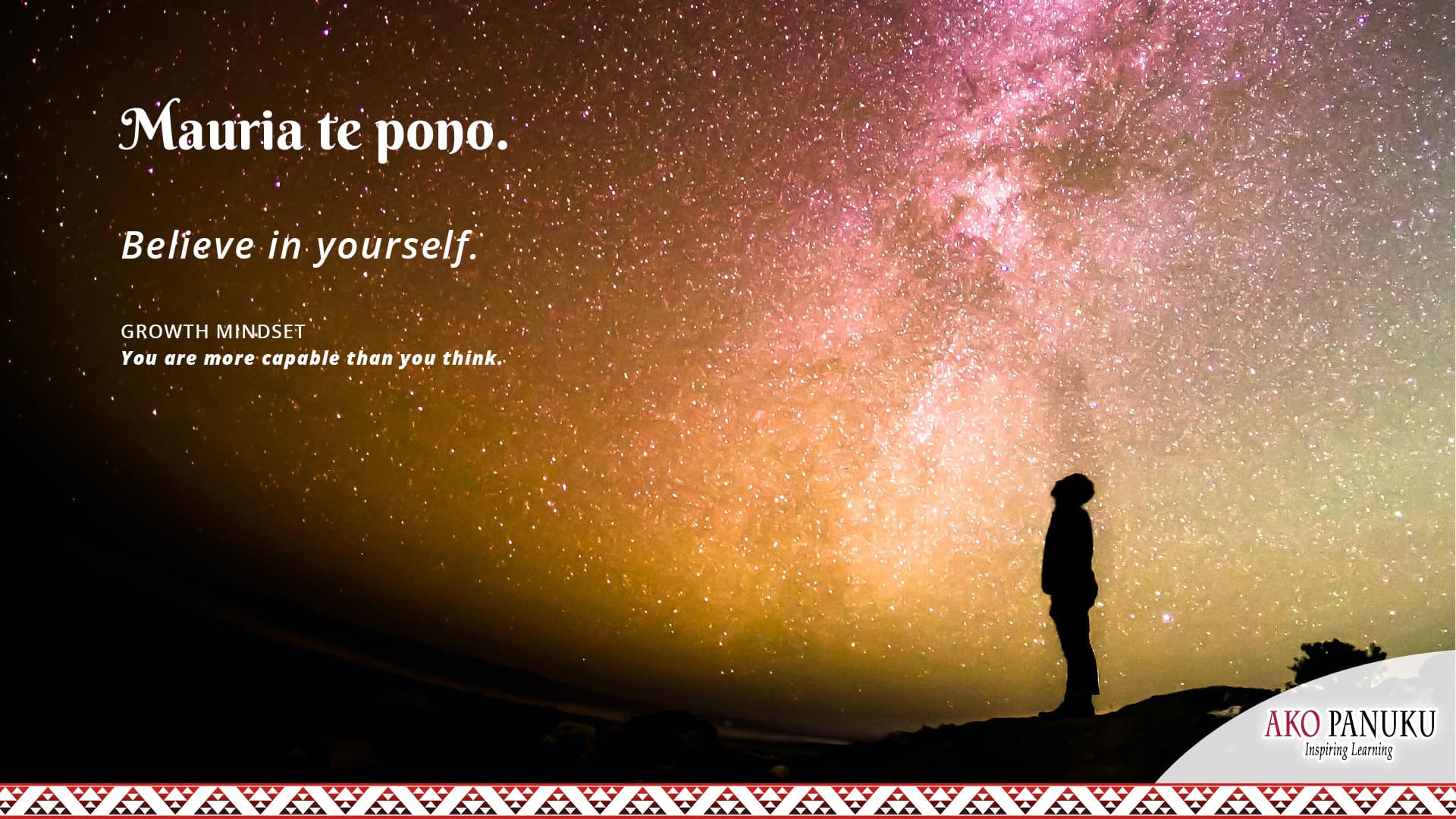 “Mauria te pono.” A virtual background to add to your online classroom profile. Full colour.